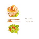  commentary cyannism english_commentary english_text food food_focus fork ham knife meat no_humans onion original salad sandwich simple_background tomato vegetable white_background 