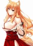  1girl animal_ears bikini bikini_top breasts covered_nipples fate/extra fate/extra_ccc fate/extra_ccc_fox_tail fate_(series) fox_ears fox_tail grin large_breasts long_hair orange_hair red_skirt side_slit skirt smile suien suzuka_gozen_(fate) swimsuit tail undressing 