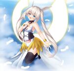  1girl black_legwear blue_eyes breasts cosplay fate/grand_order fate_(series) head_wings highres long_hair marie_antoinette_(fate) silver_hair small_breasts solo thighhighs thrud_(fate) thrud_(fate)_(cosplay) twintails valkyrie_(fate) very_long_hair yuto_sepiacolor 