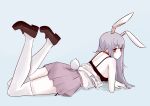  1girl :/ absurdres animal_ears ass bangs bare_shoulders blush bra closed_mouth commentary eyebrows_visible_through_hair feet_up full_body highres light_blue_background long_hair looking_away lying nail_polish nao_jieshi on_stomach purple_hair purple_skirt rabbit_ears rabbit_tail red_eyes red_nails reisen_udongein_inaba shirt simple_background skirt solo tail thighhighs touhou underwear uniform white_legwear white_shirt 