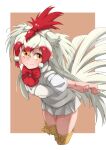  1girl absurdres arms_behind_back bird_girl bird_wings blush boots bow bowtie chicken_(kemono_friends) commentary_request cowboy_shot eyebrows_visible_through_hair head_wings highres kemono_friends long_hair looking_at_viewer multicolored_hair orange_eyes pleated_skirt red_hair red_neckwear shirt short_sleeves skirt solo t-shirt tanabe_(fueisei) thigh_boots thighhighs two-tone_hair white_hair white_shirt white_skirt wings yellow_footwear 