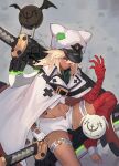  1girl absurdres bandaged_arm bandages bat_wings blonde_hair cape clover dark-skinned_female dark_skin four-leaf_clover guilty_gear guilty_gear_strive hat highres lucifero luzzeo00 medium_hair midriff military_hat ramlethal_valentine white_cape white_headwear wings 