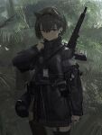  1girl adjusting_clothes animal_ears assault_rifle bag belt_pouch brown_eyes brown_hair earbuds earphones earrings fake_animal_ears gun highres id_card jacket jewelry jungle looking_at_viewer nature original paindude pouch rifle ring short_hair shoulder_bag solo thighhighs weapon weapon_on_back 