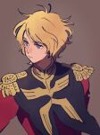  1boy blonde_hair blue_eyes brown_background char_aznable closed_mouth epaulettes expressionless fringe_trim gundam looking_away male_focus military military_uniform mobile_suit_gundam short_hair simple_background solo son_(skvnmn0) uniform upper_body zeon 