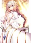  1girl blonde_hair blue_eyes braid breasts dress fate/grand_order fate_(series) hands_together headpiece highres jeanne_d&#039;arc_(fate) jeanne_d&#039;arc_(fate)_(all) large_breasts long_hair looking_to_the_side ninoude_(ninoude44) parted_lips solo tagme white_dress 