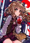  1girl absurdres blonde_hair closed_mouth drinking_straw highres holding hood hoodie jacket juice letterman_jacket long_hair long_sleeves looking_at_viewer nanozenzen reality_arc_(sinoalice) red_hoodie red_riding_hood_(sinoalice) sinoalice smile solo wavy_hair yellow_eyes 