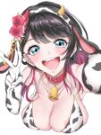  1girl animal_ears animal_print areola_slip areolae bangs bell bikini bikini_top black_hair blue_eyes blush breasts collar collarbone cow_ears cow_print elbow_gloves fake_animal_ears flower gloves hair_flower hair_ornament headband highres kuroka_(shironeko_project) large_breasts long_hair md5_mismatch multicolored_hair neck_bell open_mouth purple_hair sanwenyu_ganlao shironeko_project simple_background streaked_hair swimsuit upper_body v white_background 