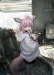 1girl animal_ears arknights black_legwear black_shorts blinds blue_eyes brown_hair chair city commentary desk drawer fox_ears fox_tail highres holding holding_paper hood hood_down indoors jacket legwear_under_shorts looking_at_viewer mrtpkids office_chair pantyhose paper romaji_commentary short_hair shorts sketch smile solo standing sussurro_(arknights) tail unfinished white_jacket window 