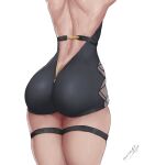  1girl absurdres artist_name ass ass_focus backless_leotard belt black_leotard cowboy_shot eula_(genshin_impact) genshin_impact highres leotard out_of_frame savagexthicc signature simple_background sketch skindentation solo thigh_strap thighs thin_waist white_background 