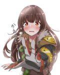  1girl animification apex_legends bangs bloodhound_(apex_legends) blush brown_jacket elbow_pads eyebrows_visible_through_hair fang fur_trim genderswap genderswap_(otf) gloves highres jacket kiriku_(kiriku_vtuber) long_hair open_hand open_mouth red_gloves solo tearing_up white_background 