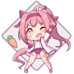  1girl ;d absurdres animal_ears arm_up bandaid bandaid_on_leg bangs blush bow breasts buruma chibi clenched_hands commentary_request ear_bow eyebrows_visible_through_hair fingerless_gloves flower-shaped_pupils full_body gloves gym_shirt gym_uniform hair_ribbon hairband haru_urara_(umamusume) high_ponytail highres horse_ears horse_girl horse_tail jacket kneehighs long_hair looking_at_viewer one_eye_closed open_clothes open_jacket open_mouth pink_hair ponytail purple_eyes red_buruma red_gloves red_hairband red_ribbon ribbon shirt shoes small_breasts smile solo standing striped striped_legwear tail track_jacket umamusume v-shaped_eyebrows very_long_hair white_bow white_footwear white_jacket white_shirt yukimi_ai_risu 
