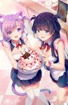  2girls animal_ear_fluff animal_ears apron bangs bare_arms blue_dress blue_eyes blue_hair blush breasts cake cat_ears cat_girl cat_tail cleavage dress eyebrows_visible_through_hair food fork fruit highres indoors kneehighs large_breasts long_hair looking_at_viewer multiple_girls open_mouth original purple_eyes purple_hair rimuu smile standing strawberry tail thighhighs white_apron white_legwear 