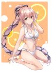  1girl bare_arms bare_legs bare_shoulders barefoot bikini breasts cleavage collarbone eyebrows_visible_through_hair hair_between_eyes highres kantai_collection long_hair medium_breasts minosu navel open_mouth pink_hair ponytail solo swimsuit white_bikini yellow_eyes yura_(kancolle) 