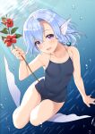  1girl :d air_bubble bangs bare_arms bare_legs bare_shoulders blue_hair blush braid breasts bubble collarbone commentary_request covered_navel elliot_leucosia enjo_kouhai eyebrows_visible_through_hair fish_girl flower full_body hair_between_eyes head_fins highres holding holding_flower looking_at_viewer medium_hair open_mouth purple_eyes school_swimsuit side_braid single_braid small_breasts smile solo swimsuit takunomi thigh_gap underwater 