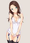  1girl aqua_eyes banned_artist black_legwear blush bottomless breasts brown_hair camisole cleavage closed_mouth cowboy_shot forehead garter_belt grey_background head_tilt long_hair looking_at_viewer medium_breasts n.g. original pussy simple_background sleeveless smile solo thigh_gap thighhighs 