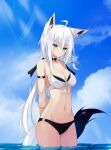  1girl absurdres ahoge animal_ears arm_strap arms_behind_back bangs bikini black_bikini black_bow black_choker blush bow braid breasts choker cleavage cloud cloudy_sky day earrings eyebrows_visible_through_hair fox_ears fox_girl fox_tail green_eyes hair_between_eyes hair_bow highres hololive jewelry long_hair looking_at_viewer low_ponytail medium_breasts nash11 navel ocean pentagram shirakami_fubuki sidelocks single_braid sky solo swimsuit tail virtual_youtuber wading white_bikini white_hair 