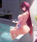  1girl ass back bangs bathtub breasts covering fate/grand_order fate_(series) hair_between_eyes highres large_breasts long_hair looking_at_viewer looking_back looking_to_the_side nude_cover purple_hair red_eyes sansan_(dongfangzhong111) scathach_(fate) scathach_(fate)_(all) sitting soaking_feet towel water white_towel 