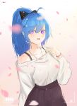  1girl ahoge artist_name azur_lane bangs black_skirt blue_hair bow bra_strap casual cherry_blossoms collarbone doodle eyebrows_visible_through_hair eyes_visible_through_hair hair_between_eyes hair_ornament helena_(azur_lane) highres looking_at_viewer off-shoulder_shirt off_shoulder open_mouth pink_background ponytail purple_eyes recording shirt skirt vayneeeee white_shirt 