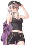  1girl alternate_costume arm_up bangs bare_shoulders baseball_cap between_breasts black-framed_eyewear black_choker black_headwear black_shorts blush breasts camisole casual choker cleavage closed_mouth commentary_request cup disposable_cup earrings eyebrows_visible_through_hair fate/grand_order fate_(series) glasses hand_on_headwear hat jacket jewelry kama_(fate) kopaka_(karda_nui) long_hair low_twintails medium_breasts nail_polish navel off_shoulder open_clothes open_jacket pink_nails purple_jacket red_eyes short_shorts shorts silver_hair simple_background single_sidelock solo stud_earrings sweat sweatdrop twintails white_background 