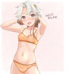  1girl akishimo_(kancolle) ame-san arms_behind_head asymmetrical_hair bra breasts brown_hair contrapposto cowboy_shot dated gradient_hair hair_ornament highres kantai_collection leaf_hair_ornament multicolored_hair orange_bra orange_panties panties short_hair short_hair_with_long_locks silver_hair small_breasts solo standing training_bra twintails underwear underwear_only 