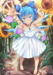  1girl absurdres armpits arms_up bangs bare_shoulders barefoot blue_bow blue_eyes blue_hair blush bow brown_headwear cirno closed_mouth dress eyebrows_visible_through_hair flower ground hair_between_eyes hands_up hat highres ice ice_wings leaf light looking_at_viewer magic pink_flower purple_flower short_hair sleeveless smile snowflakes solo standing straw_hat sunflower sunlight tan tanned_cirno teeth touhou white_bow white_dress wings yellow_flower yossy_(yossy1130) 