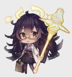  1225ka 1girl :p belt_pouch briefcase chibi dorothy_(sinoalice) full_body glasses grey_background halo highres holding holding_briefcase holding_weapon labcoat leggings long_hair long_sleeves looking_at_viewer mace polo_shirt pouch purple_eyes purple_hair purple_shirt purple_skirt reality_arc_(sinoalice) shirt simple_background sinoalice skirt solo tongue tongue_out weapon 