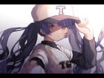  1girl adjusting_clothes adjusting_headwear amamiya_kokoro ball bangs baseball baseball_cap baseball_uniform black_shirt blue_eyes blush closed_mouth commentary expressionless hat hat_writing highres holding holding_ball letterboxed long_hair long_sleeves looking_at_viewer nijisanji roku_6 shirt short_sleeves solo sportswear t-shirt twintails very_long_hair virtual_youtuber white_headwear white_shirt yellow_eyes 