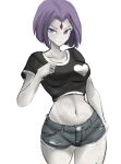  1girl alternate_costume black_shirt breasts colored_skin dc_comics denim denim_shorts eyebrows forehead_jewel grey_skin hand_in_pocket heart highres looking_at_viewer midriff navel purple_eyes rakeemspoon raven_(dc) shirt short_hair shorts teen_titans thighs 