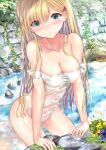  1girl absurdres blonde_hair breasts casual_one-piece_swimsuit cleavage commission cowboy_shot green_eyes hair_ornament hairclip highleg highleg_swimsuit highres long_hair looking_at_viewer medium_breasts ogata_tei one-piece_swimsuit original parted_lips rock skeb_commission solo swimsuit water wet wet_clothes wet_swimsuit white_swimsuit 