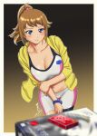 1girl arm_under_breasts bangs bike_shorts black_background blue_eyes blurry blurry_foreground blush bracelet breasts brown_hair cleavage collarbone commentary_request condom_box cowboy_shot dated gradient gradient_background gundam gundam_build_fighters gundam_build_fighters_try gunpla hand_on_own_arm highres hood hooded_jacket hoshino_fumina jacket jewelry kijinaka_mahiro large_breasts leaning_to_the_side looking_at_object medium_hair midriff model_kit navel open_clothes open_jacket outline parted_lips partial_commentary ponytail scrunchie shorts sidelocks signature simple_background solo sports_bra standing sweat thigh_gap white_shorts white_sports_bra yellow_background yellow_jacket 