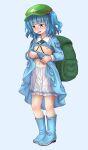  1girl backpack bag bangs bloomers blue_background blue_eyes blue_footwear blue_hair blue_shirt blue_skirt blush boots clothes_lift collared_shirt commentary_request commission eyebrows_visible_through_hair flat_cap flat_chest frilled_shirt_collar frills full_body green_headwear hair_bobbles hair_ornament hat highres kawashiro_nitori key lifted_by_self long_sleeves navel nibi nipples nose_blush open_mouth rubber_boots shirt shirt_lift simple_background skeb_commission skirt skirt_lift solo standing sweat touhou two_side_up underwear wavy_mouth white_bloomers 