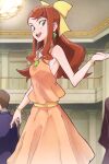  1girl 90millimetri ahoge bare_arms bare_shoulders blush bow bracelet breasts brown_eyes brown_hair chandelier choker collarbone dress earrings formal hair_bow hanna_england highres indoors jewelry little_witch_academia long_hair looking_at_viewer necklace open_mouth orange_dress sidelocks sleeveless sleeveless_dress small_breasts smile solo_focus tied_hair yellow_belt yellow_bow 
