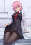  1girl arm_support black_dress black_legwear blush breasts clothes_lift dress dress_lift eyebrows_visible_through_hair eyes_visible_through_hair fate/grand_order fate_(series) glasses hair_over_one_eye large_breasts lifted_by_self long_sleeves looking_at_viewer mash_kyrielight open_mouth panties panties_under_pantyhose pantyhose pink_hair purple_eyes red_neckwear sarhce short_hair sitting smile solo teeth underwear upper_teeth 