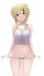  1girl akatsuki_kirika ass_visible_through_thighs blaze_pso2 blonde_hair eyebrows_visible_through_hair female_pubic_hair green_eyes green_panties hair_ornament heart heart-shaped_pupils highres licking_lips looking_at_viewer midriff navel panties panty_pull pubic_hair senki_zesshou_symphogear shirt solo symbol-shaped_pupils tongue tongue_out underwear white_background x_hair_ornament 