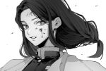  1girl alternate_costume blood blood_on_face cape eyebrows_visible_through_hair greyscale kimetsu_no_yaiba long_hair looking_to_the_side low-tied_long_hair maki_keigo monochrome parted_lips rengoku_ruka sidelocks simple_background solo upper_body 