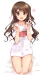  1girl brown_eyes brown_hair double_v full_body heart highres idolmaster idolmaster_cinderella_girls kneeling long_hair looking_at_viewer one_side_up paopao print_shirt shimamura_uzuki shirt short_sleeves solo t-shirt thighs v white_background white_shirt 