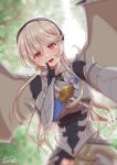  1girl absurdres artist_name belt black_gloves black_hairband breasts corrin_(fire_emblem) corrin_(fire_emblem)_(female) dragon_girl dragon_wings empty_eyes finger_to_mouth fire_emblem fire_emblem_fates gloves grey_hair hairband highres index_finger_raised long_hair long_sleeves looking_at_viewer manakete medium_breasts open_mouth outstretched_arm pointy_ears pov red_eyes smile solo taro_(pixiv34317323) wings 