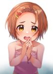  1girl blurry brown_hair forehead ggyoku hair_ornament hairclip hands_together highres idolmaster idolmaster_cinderella_girls open_mouth ryuuzaki_kaoru short_hair solo upper_body upper_teeth yellow_eyes 