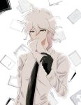  1boy absurdres ahoge bangs black_gloves black_neckwear collared_shirt commentary_request covering_mouth danganronpa_(series) danganronpa_2:_goodbye_despair envelope gloves grey_eyes grey_hair hair_between_eyes hand_up heart highres holding komaeda_nagito len02ronpa long_sleeves looking_at_viewer male_focus medium_hair messy_hair necktie shirt simple_background solo upper_body white_background white_hair white_shirt 