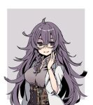  1225ka 1girl :d antenna_hair bangs belt_pouch border braid dorothy_(sinoalice) glasses hair_between_eyes labcoat long_hair long_sleeves looking_at_viewer open_mouth polo_shirt pouch purple_background purple_eyes purple_hair purple_shirt reality_arc_(sinoalice) shirt sinoalice smile solo 