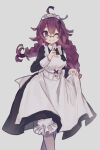  1225ka 1girl absurdres antenna_hair apron braid closed_mouth dorothy_(sinoalice) glasses grey_background hair_ornament hairpin highres holding holding_clothes holding_skirt index_finger_raised long_hair long_sleeves looking_at_viewer maid maid_apron maid_headdress one_eye_closed purple_eyes purple_hair simple_background sinoalice skirt solo twin_braids 