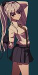  1girl arm_up bangs black_gloves black_skirt blush braid brown_neckwear closed_mouth collared_shirt commentary_request danganronpa:_trigger_happy_havoc danganronpa_(series) eyebrows_visible_through_hair from_side gloves green_background hair_ribbon highres holding kirigiri_kyouko long_hair long_sleeves looking_at_viewer miniskirt necktie no_jacket nzeneee pleated_skirt ponytail purple_eyes purple_hair ribbon ribbon_removed shiny shiny_hair shirt shirt_tucked_in simple_background skirt solo white_shirt 