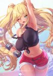  1girl arm_up armpits black_tank_top blonde_hair breasts dumbbell dumbbell_nan_kilo_moteru? fang green_eyes large_breasts long_hair midriff mitsu_(mitsu_art) navel open_mouth patreon_username red_shorts reward_available sakura_hibiki shirt shorts solo strap_slip sweat tan tank_top thigh_gap tied_shirt twintails very_long_hair 