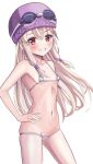  1girl absurdres bangs bare_shoulders bikini blush breasts fate/grand_order fate_(series) grin highres long_hair looking_at_viewer micro_bikini pan_korokorosuke red_eyes shiny shiny_swimsuit sidelocks silver_bikini silver_swimsuit sitonai_(fate) small_breasts smile swimsuit thighs white_bikini white_hair 