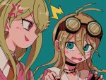  2girls ^^^ akamatsu_kaede anger_vein antenna_hair bangs barbed_wire black_choker black_gloves blonde_hair blush choker collarbone commentary_request danganronpa_(series) danganronpa_v3:_killing_harmony drooling fingerless_gloves gloves goggles goggles_on_head green_background green_eyes hair_between_eyes hands_up highres iruma_miu long_hair looking_at_another multiple_girls necktie nzeneee open_mouth pink_eyes pink_vest portrait red_neckwear saliva shiny shiny_hair simple_background sweat vest 