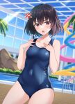  1girl anger_vein ass_visible_through_thighs bangs bare_arms bare_shoulders black_hair blue_swimsuit blurry blurry_background blush bow braid breasts commentary_request covered_navel cowboy_shot day depth_of_field eyebrows_visible_through_hair hair_between_eyes hair_bow hands_up highres indoors komori_kuzuyu one-piece_swimsuit open_mouth original pool purple_eyes railing school_swimsuit side_braid single_braid slide small_breasts solo swimsuit v-shaped_eyebrows water water_slide white_bow 