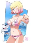  1girl alternate_costume bikini blonde_hair blue_eyes border bowieknife breasts eyebrows_visible_through_hair gwen_poole gwenpool highres holding marvel multicolored multicolored_bikini multicolored_clothes multicolored_hair one_eye_closed open_mouth pool shark smile solo superhero swimsuit white_border 