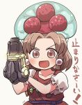  1girl :d arm_cannon bangs brown_hair eyebrows_visible_through_hair highres holding holding_weapon looking_at_viewer magatama metroid metroid_(creature) open_mouth rokugou_daisuke short_hair short_sleeves signature simple_background smile tamatsukuri_misumaru touhou upper_body v-shaped_eyebrows weapon white_background 