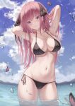  1girl armpits arms_behind_head arms_up ass_visible_through_thighs bare_arms bare_shoulders bikini black_bikini breasts bug butterfly cleavage cloud collarbone cowboy_shot day go-toubun_no_hanayome hair_ribbon halter_top halterneck highres insect large_breasts long_hair looking_at_viewer marinesnow nakano_nino navel outdoors parted_lips pink_hair purple_eyes ribbon side-tie_bikini smile solo standing stomach string_bikini sunlight swimsuit two_side_up wading water wet 