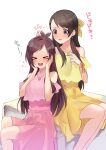  &gt;o&lt; 2girls :o absurdres afterimage antenna_hair asymmetrical_bangs bangs bare_legs black_hair blush brown_hair dress earrings feet_out_of_frame hands_on_own_cheeks hands_on_own_face highres holding_another&#039;s_hair idolmaster idolmaster_cinderella_girls jewelry kurihara_nene looking_at_another multiple_girls necklace round_teeth simple_background sitting sleeveless sleeveless_dress sweatdrop teeth tsujino_akari white_background woruka 